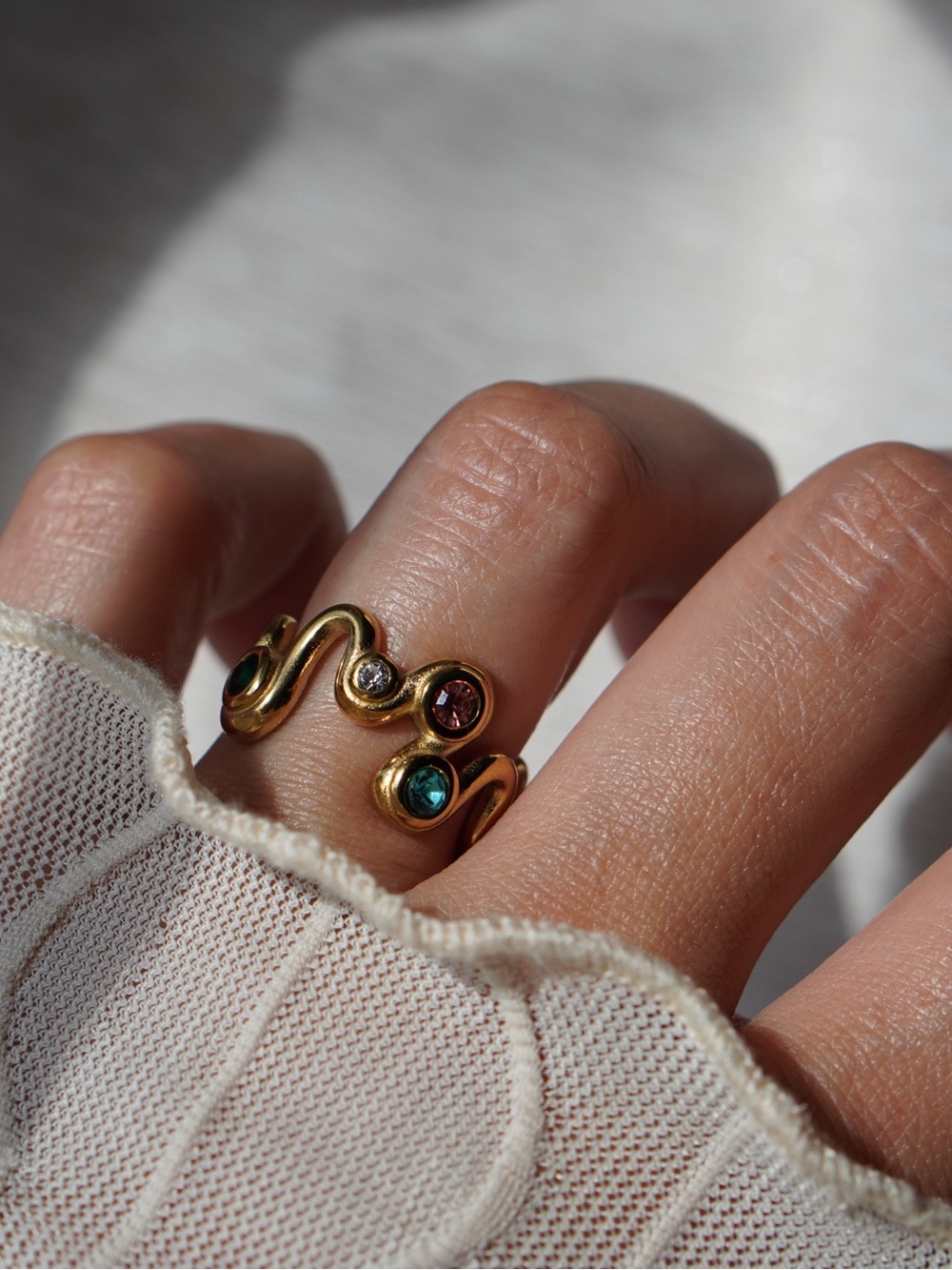 Gold Wave Ring with Multi-Colored Gemstones